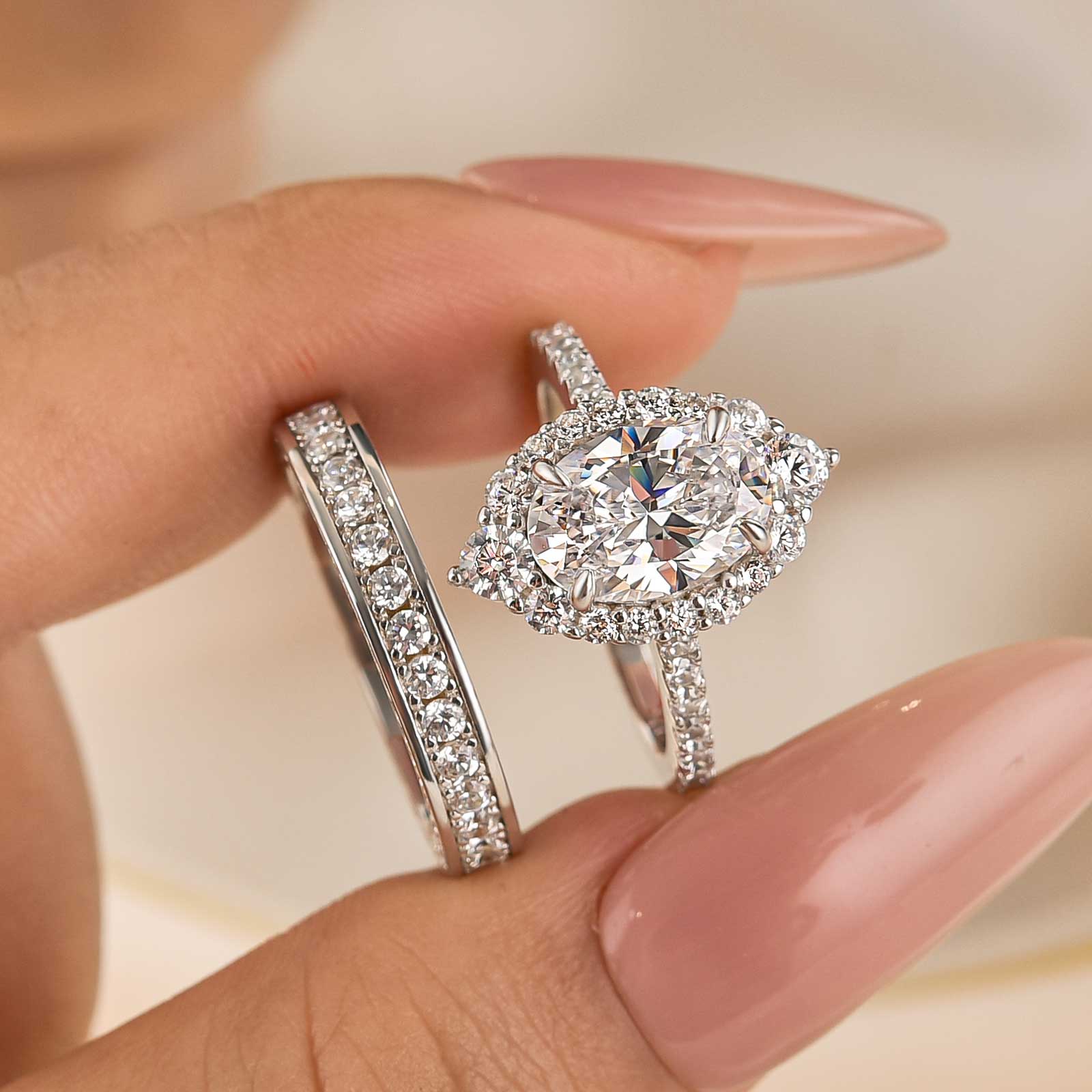 2PC 2.0Ct Oval Cut Halo Engagement Ring and Channel-Set Round Eternity Band in Silver