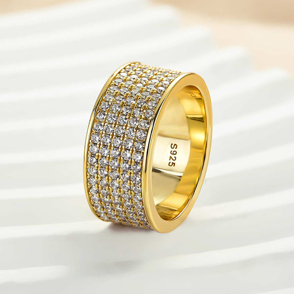 Louily Stunning Yellow Gold Pave Wide Wedding Band In Sterling Silver