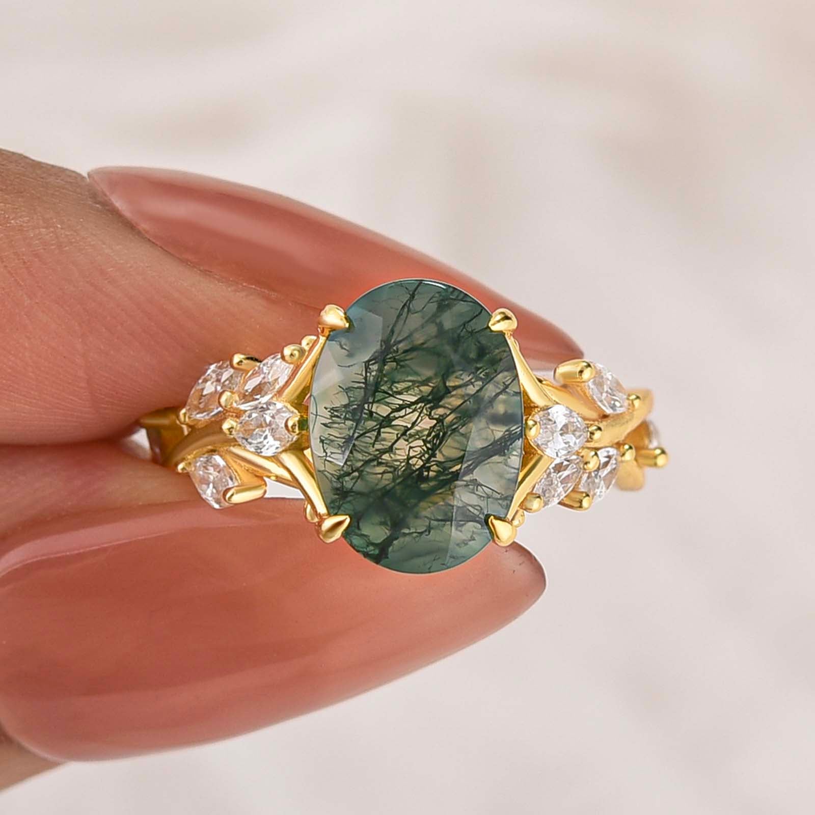 Nature-Inspired Split Shank 3.5Ct Oval Cut Moss Agate Vine-Style Engagement Ring