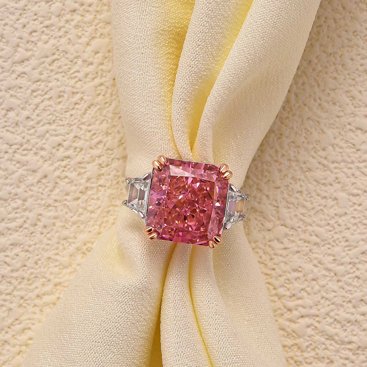 Luxurious 12Ct Pink Stone Radiant Cut Three Stone Engagement Ring In Sterling Silver
