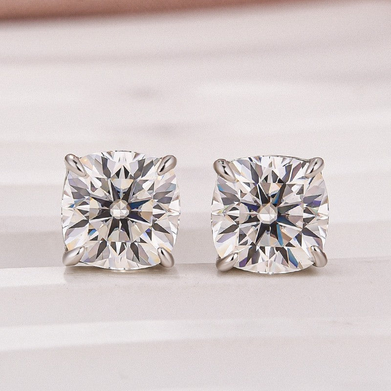 Moissanite 2.0Ct Cushion Cut Stud Earrings In Sterling Silver - louilyjewelry