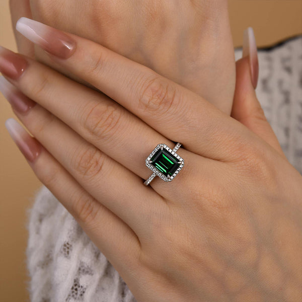 Louily Amazing 3.5 Carat Emerald Cut Halo Engagement Ring In Sterling Silver