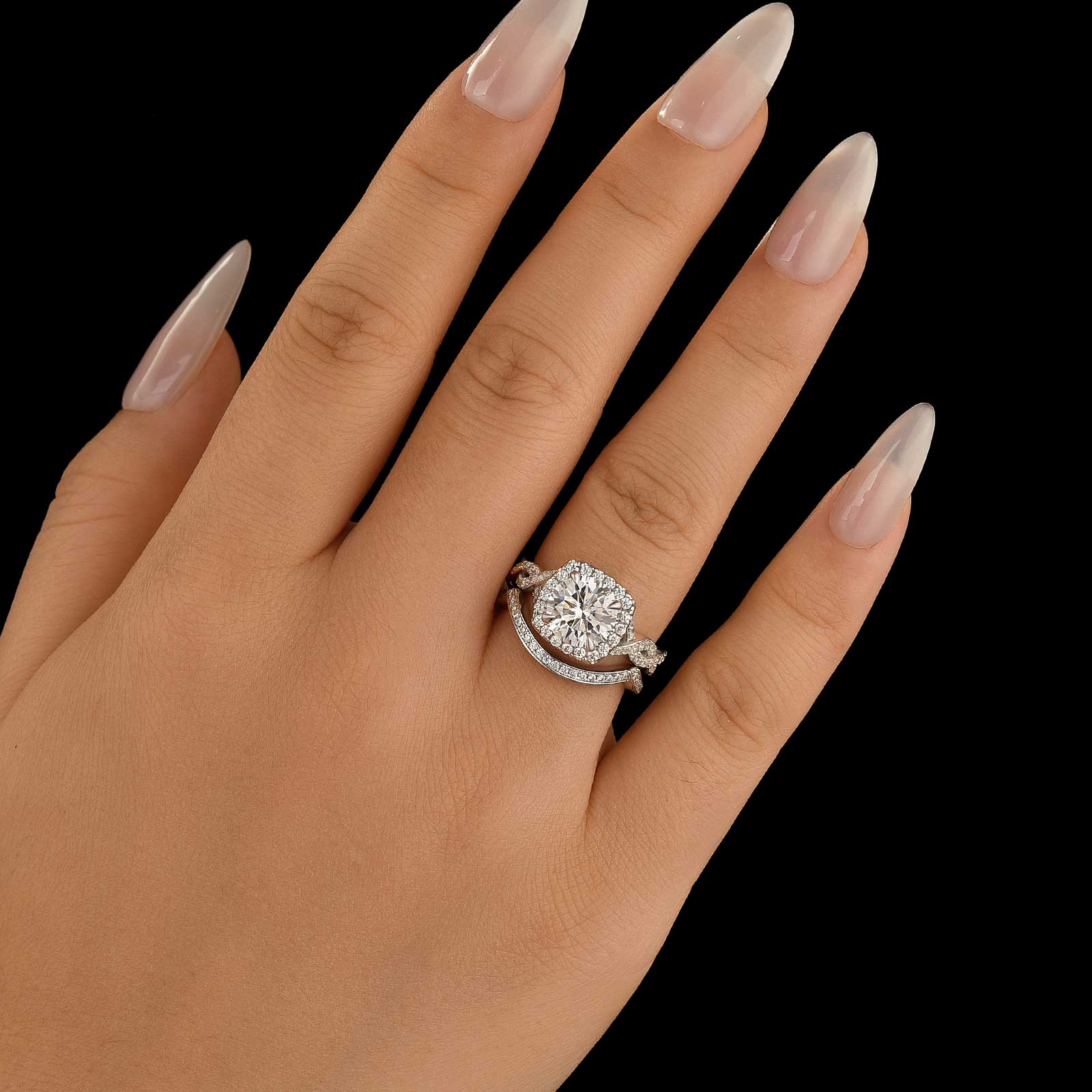 2PC Moissanite 2.0Ct Halo Round Cut Twist White Gold Wedding Ring Set In Sterling Silver