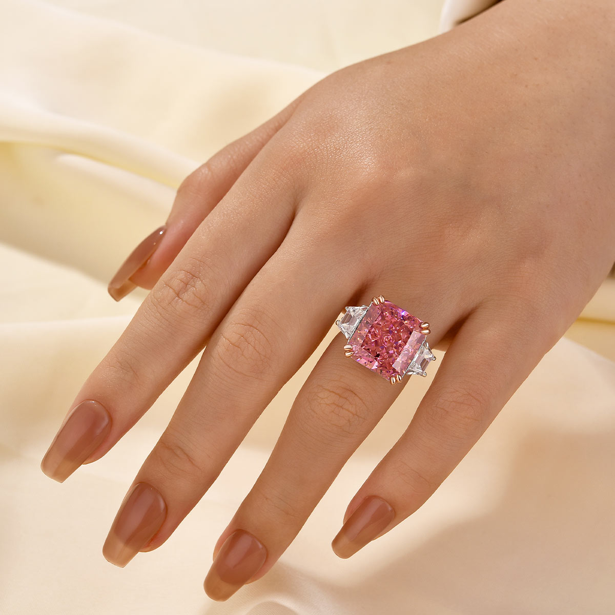 Luxurious 12Ct Pink Stone Radiant Cut Three Stone Engagement Ring In Sterling Silver