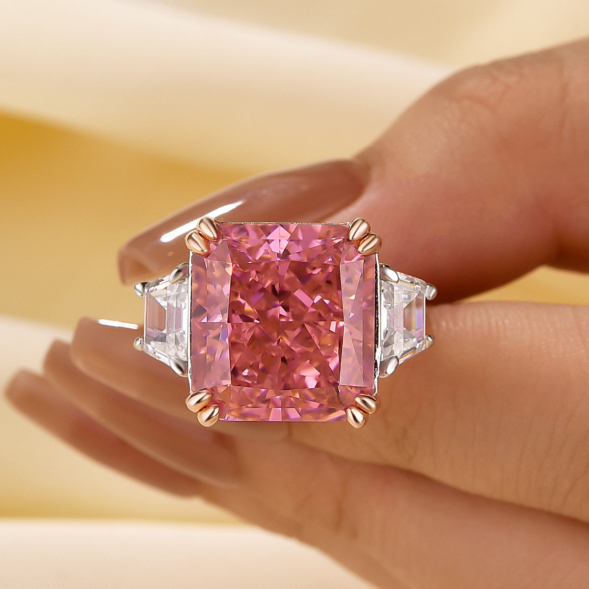 Luxurious 12Ct Pink Stone Radiant Cut Three Stone Engagement Ring In Sterling Silver