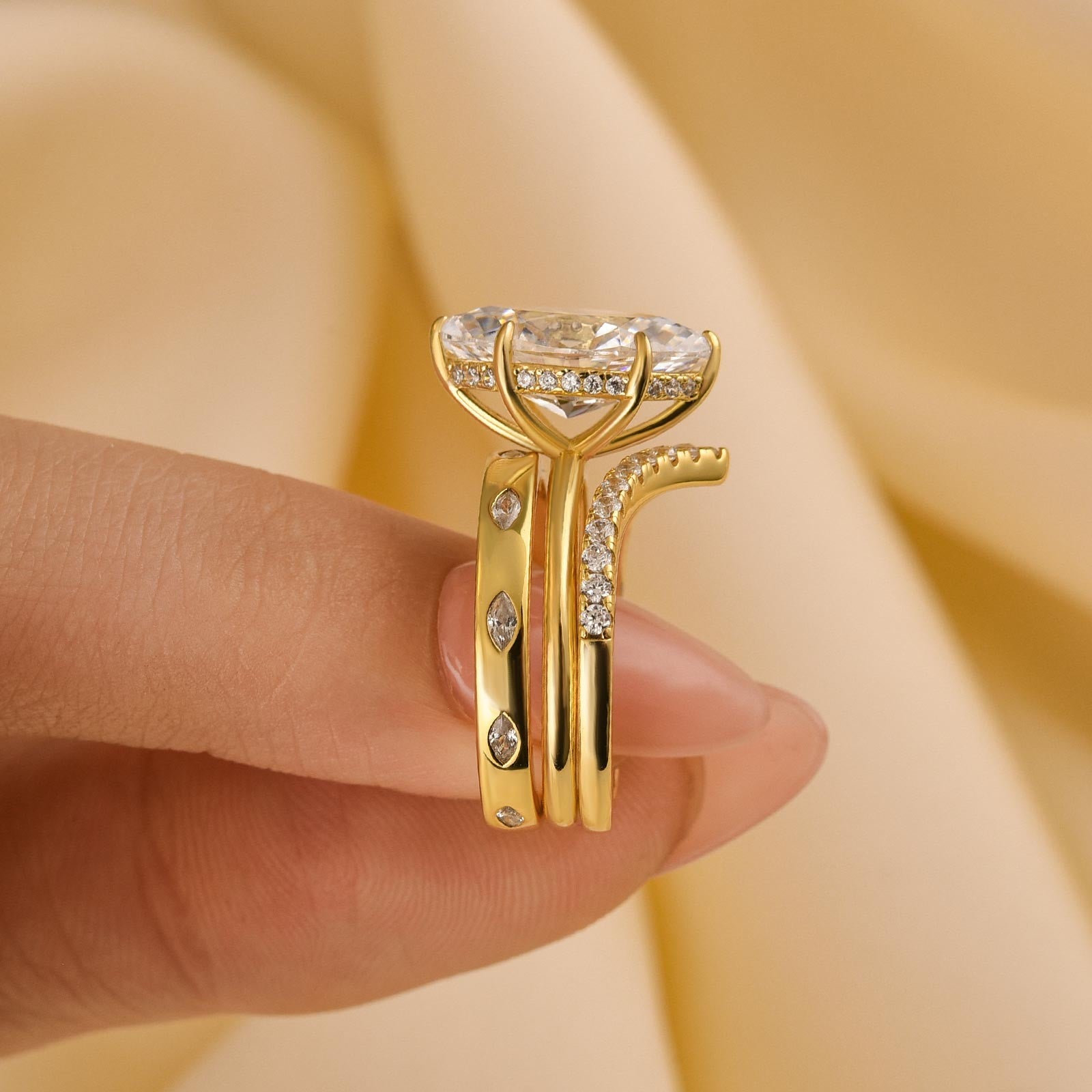 3PC Marquise Cut Yellow Gold Wedding Ring Set With Vintage Wedding Bands - louilyjewelry