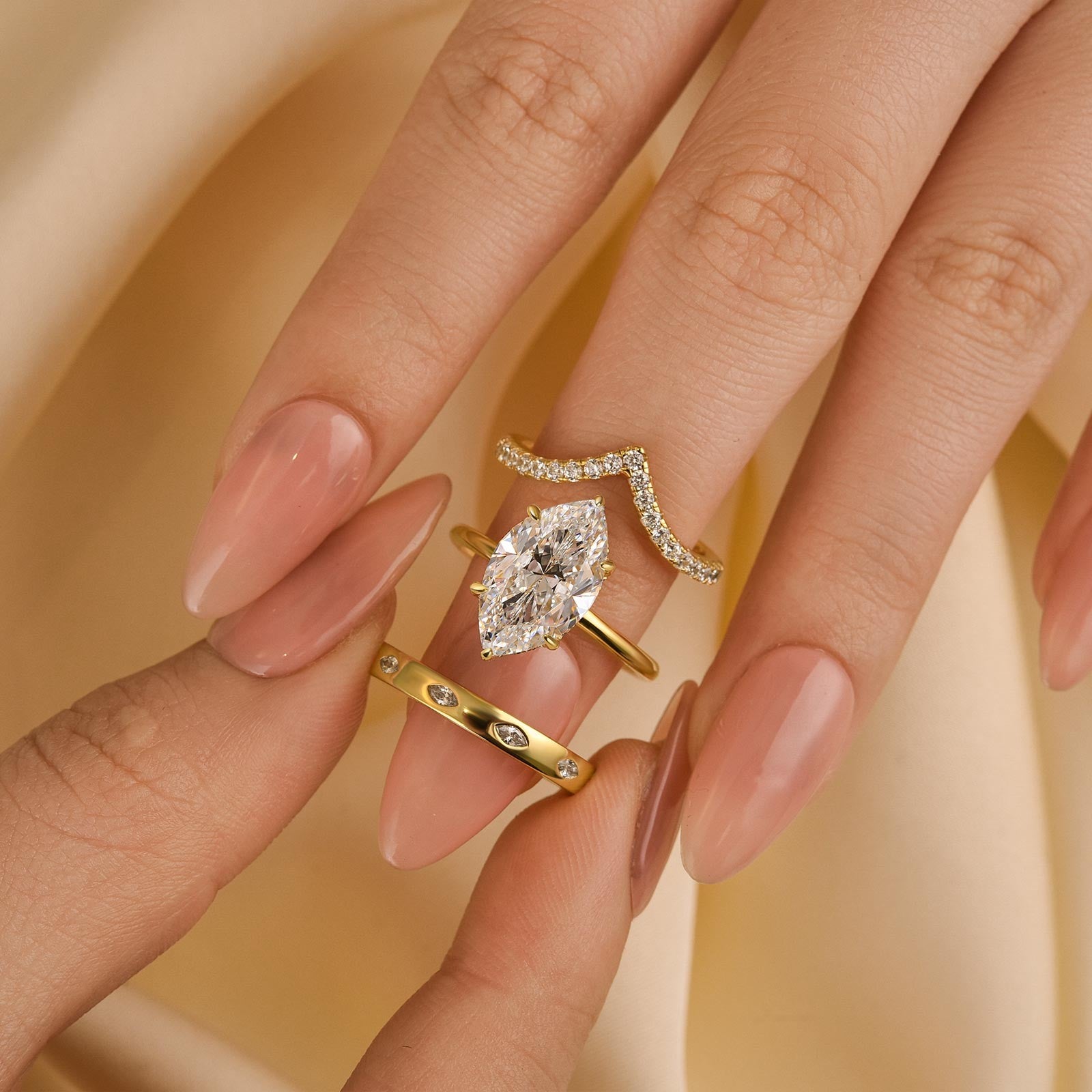 3PC Marquise Cut Yellow Gold Wedding Ring Set With Vintage Wedding Bands - louilyjewelry