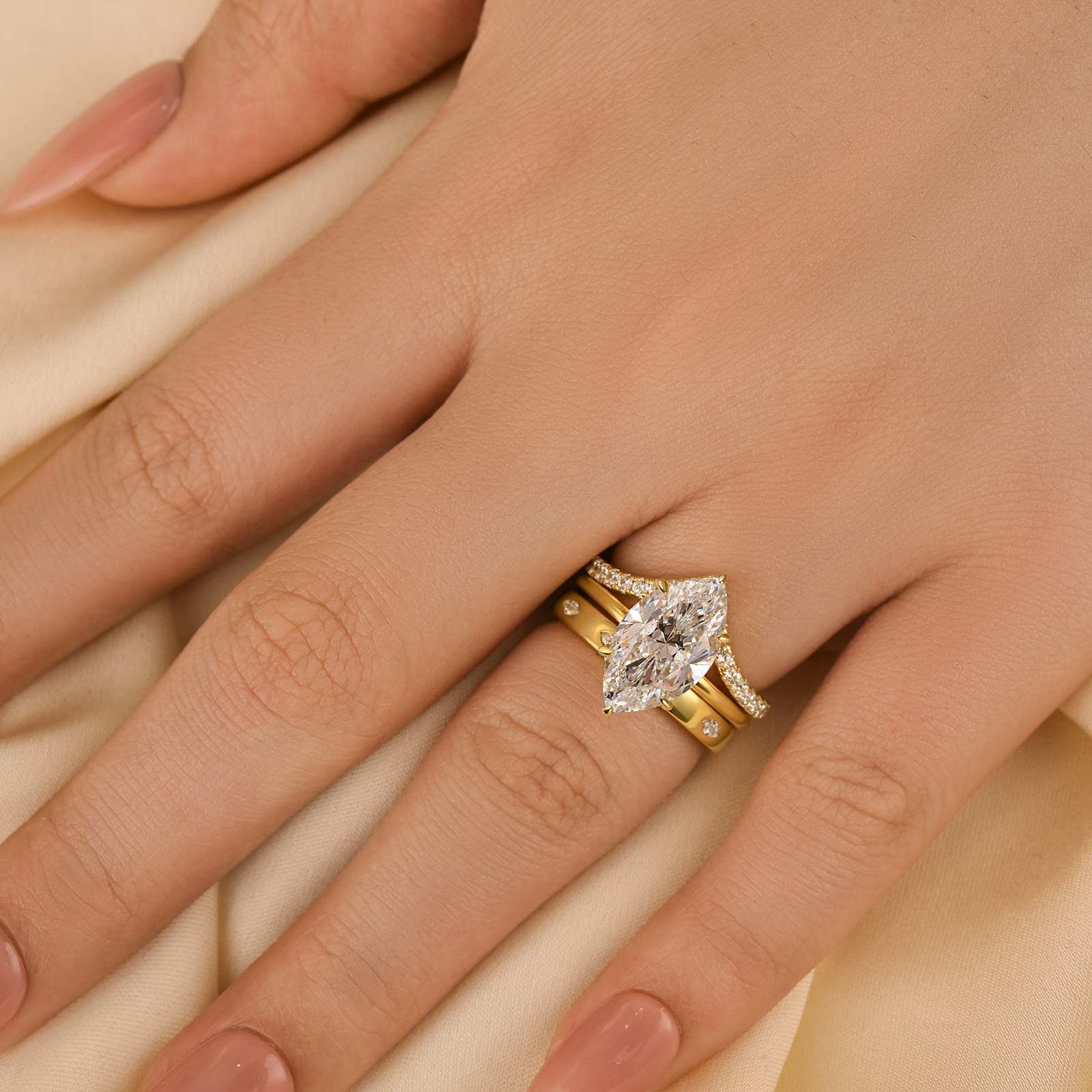 3PC Marquise Cut Yellow Gold Wedding Ring Set With Vintage Wedding Bands - louilyjewelry