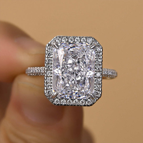 Louily Excellent Halo Radiant Cut Simulated Diamond Engagement Ring In Sterling Silver