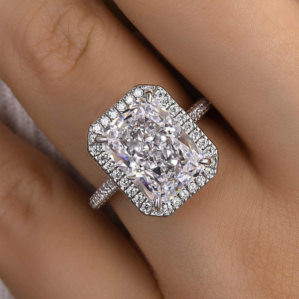Louily Excellent Halo Radiant Cut Simulated Diamond Engagement Ring In Sterling Silver