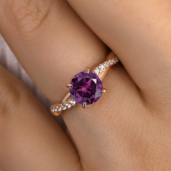 Louily Rose Gold Twist Round Cut Amethyst Purple Promise Ring For Her