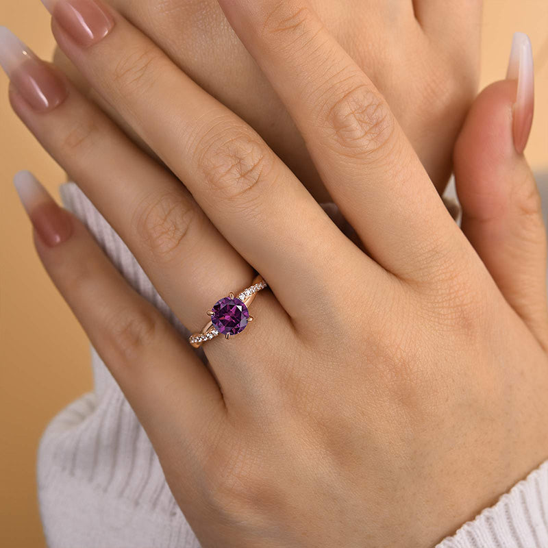 Louily Rose Gold Twist Round Cut Amethyst Purple Promise Ring For Her - louilyjewelry