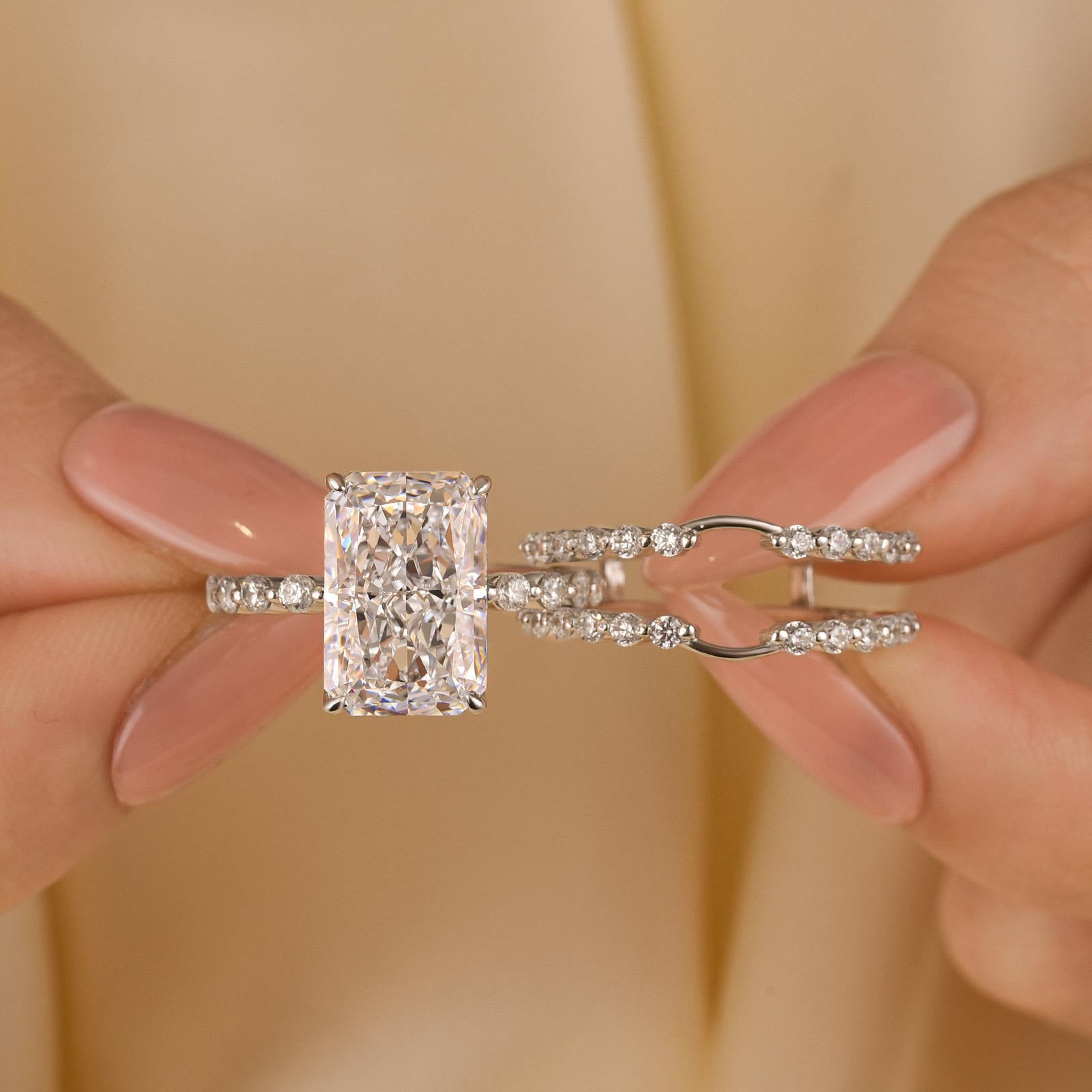 5.0Ct Radiant Cut Insert Wedding Ring Set With Jacket Wedding Band