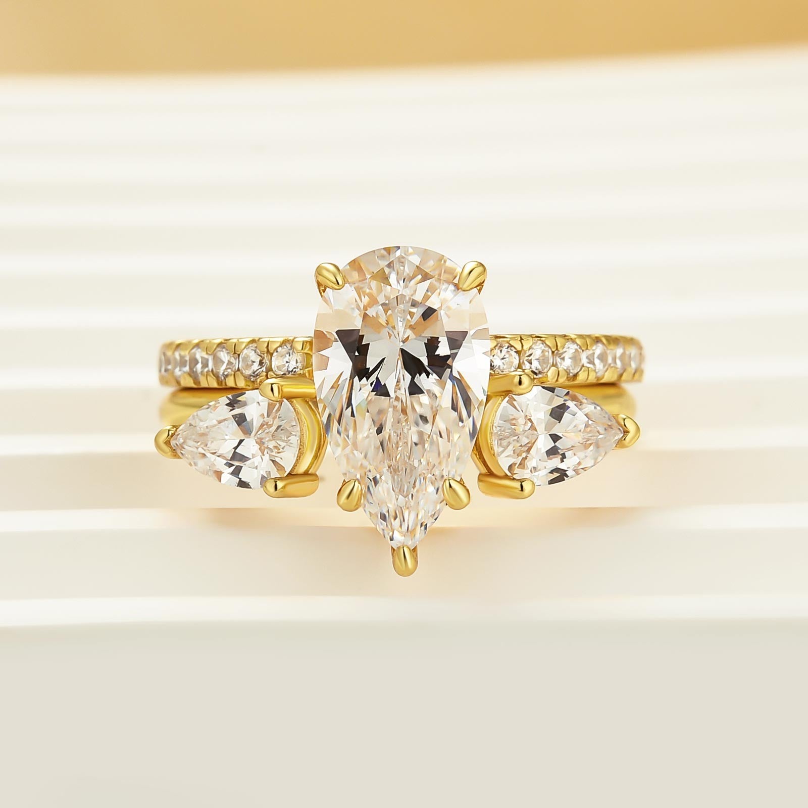 2PC Yellow Gold Pear Cut Solitaire Engagement Ring Open Design Wedding Ring Set In Sterling Silver