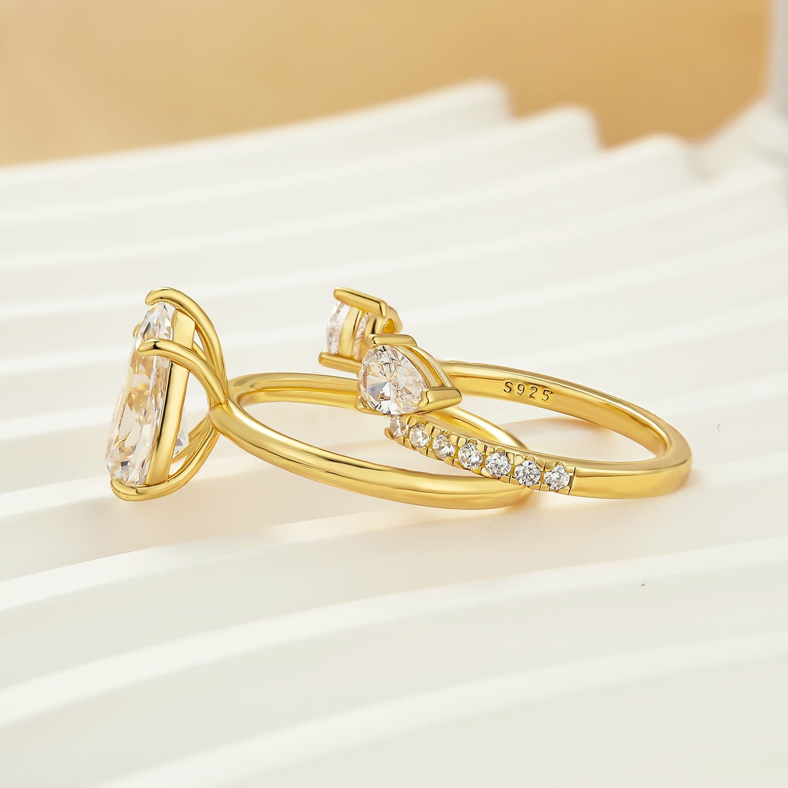 2PC Yellow Gold Pear Cut Solitaire Engagement Ring Open Design Wedding Ring Set In Sterling Silver