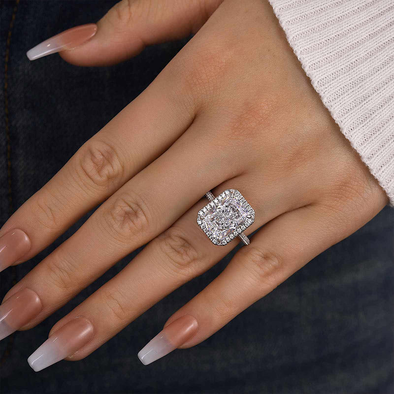 Louily Excellent Halo Radiant Cut Simulated Diamond Engagement Ring In Sterling Silver - louilyjewelry