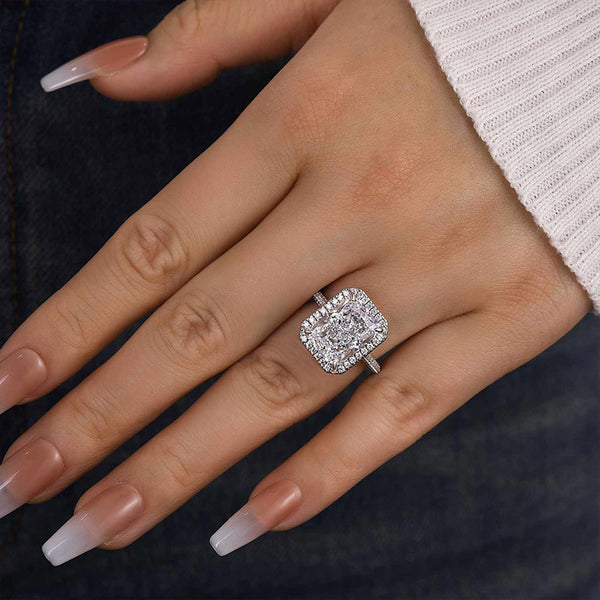 Louily Excellent Halo Radiant Cut Simulated Diamond Engagement Ring In Sterling Silver