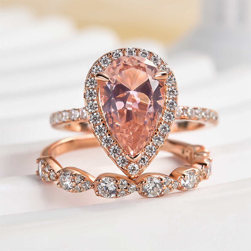 Louily Rose Gold Halo Pear Cut Synthetic Morganite Wedding Set - louilyjewelry