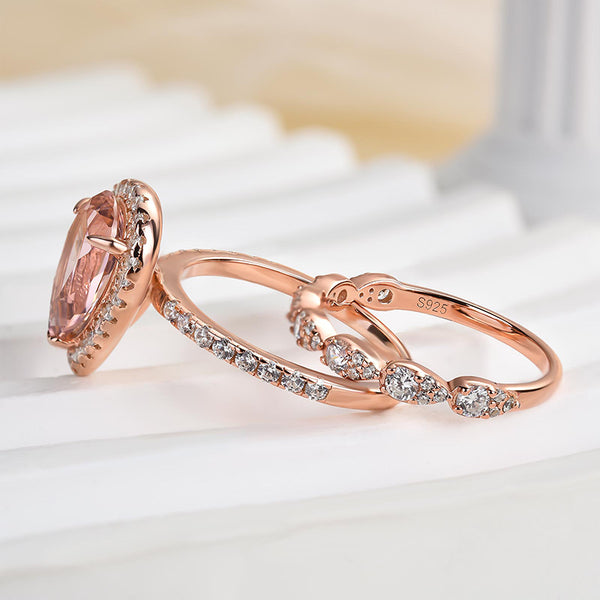 Louily Rose Gold Halo Pear Cut Synthetic Morganite Wedding Set
