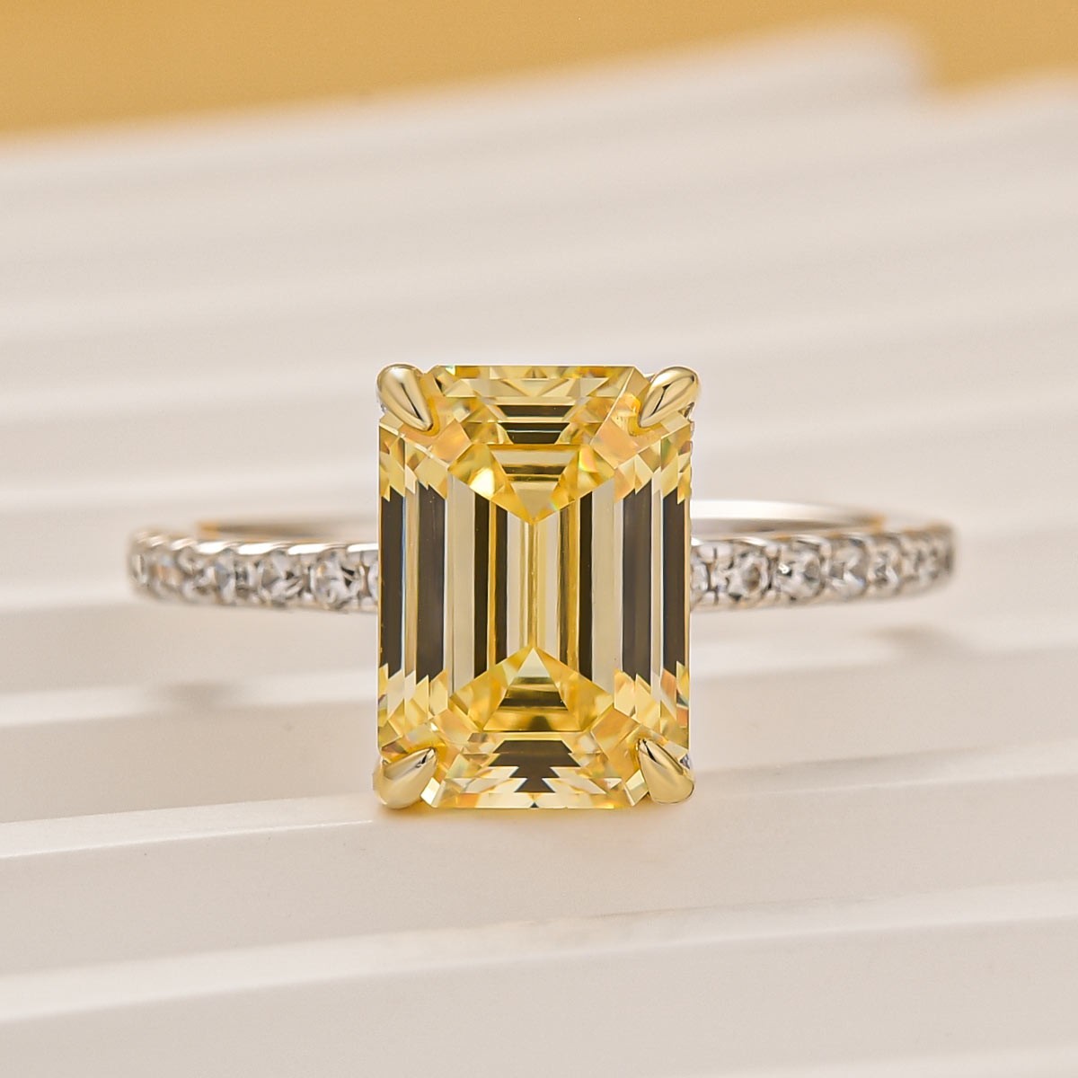 3.5Ct Emerald Cut Yellow Two-Tone Engagement Ring In Sterling Silver