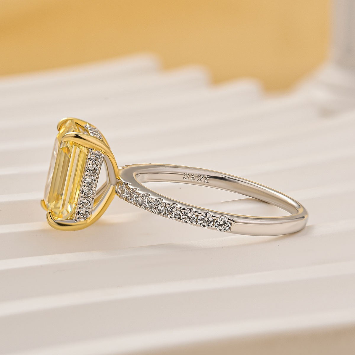 3.5Ct Emerald Cut Yellow Two-Tone Engagement Ring In Sterling Silver