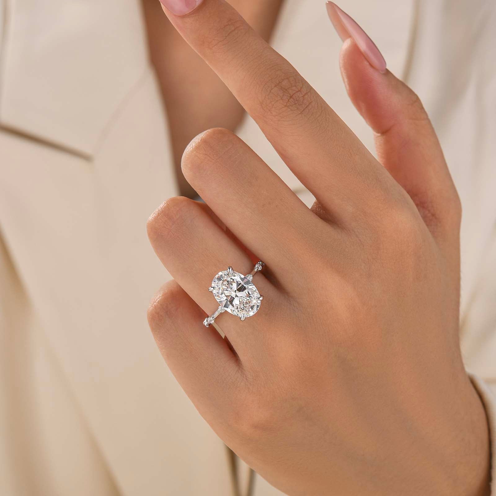 S925 5.5Ct Oval Cut Side Stone Everyday Wearable Engagement Ring In Sterling Silver