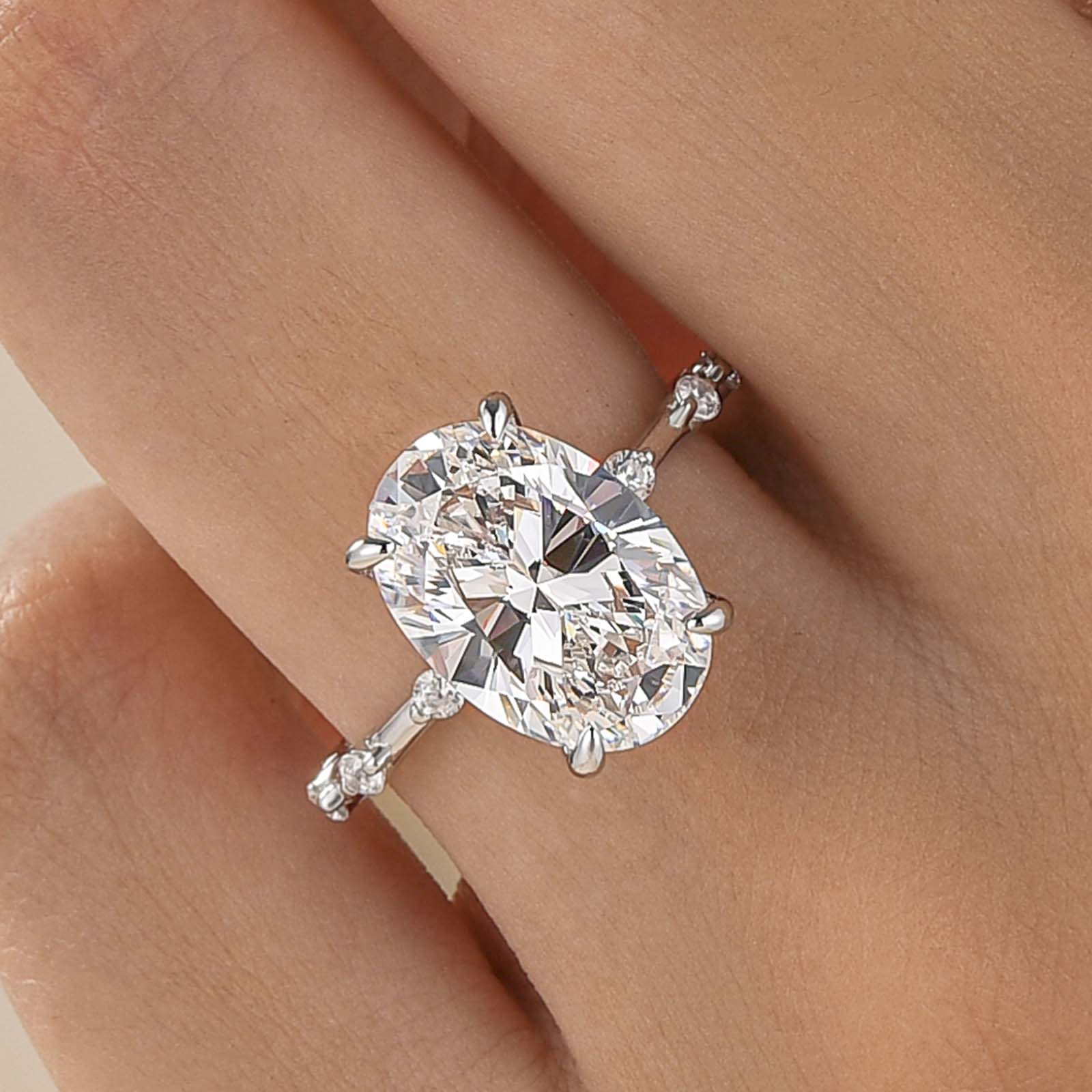 S925 5.5Ct Oval Cut Side Stone Everyday Wearable Engagement Ring In Sterling Silver