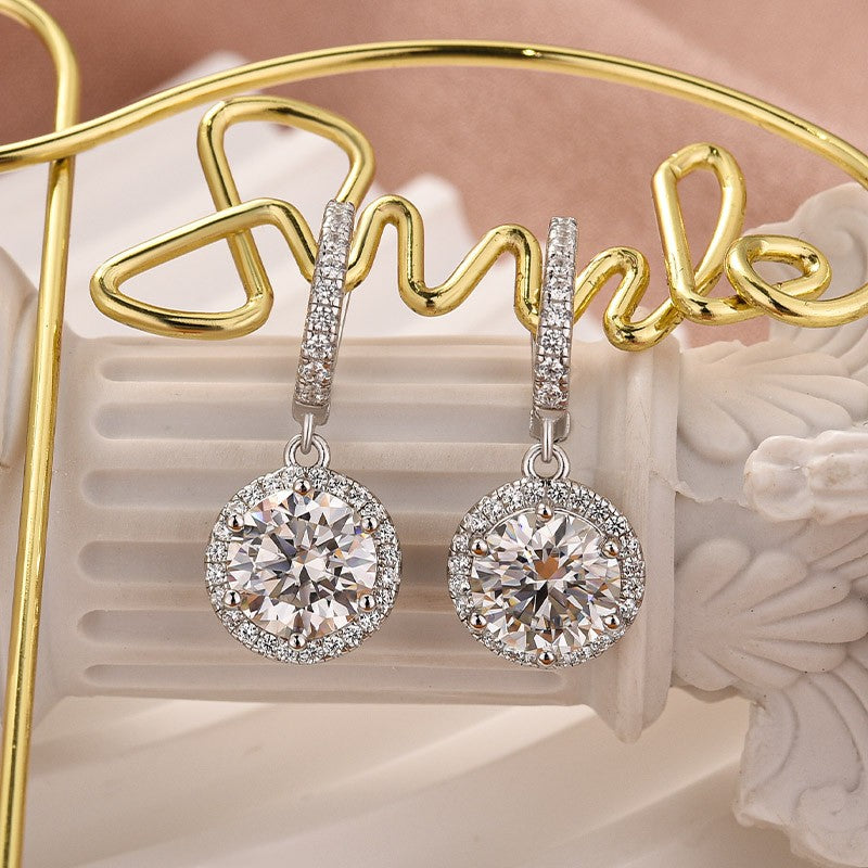 Moissanite 2.0Ct Classic Halo Round Cut Drop Earrings In Sterling Silver