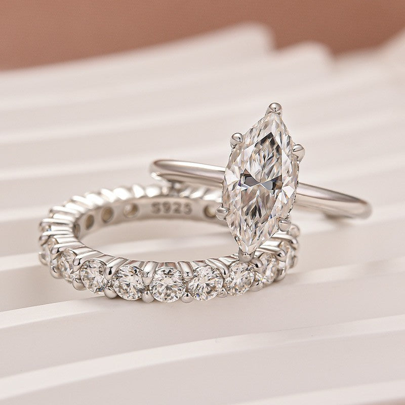 Moissanite 2.0Ct Marquise Cut Solitaire White Gold Engagement Ring with Pavé Eternity Ring