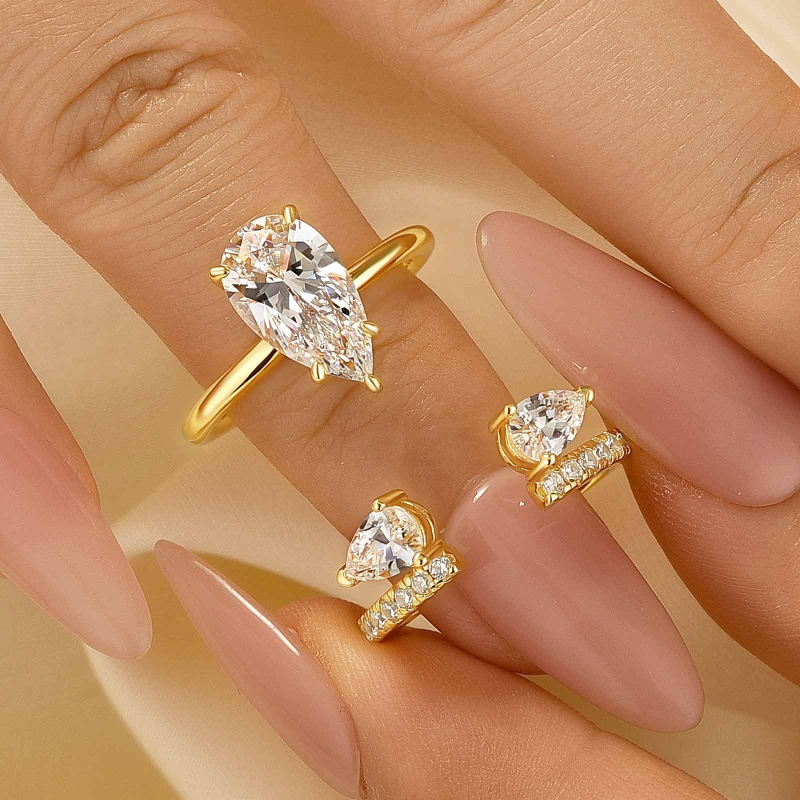 2PC Yellow Gold Pear Cut Solitaire Engagement Ring Open Design Wedding Ring Set In Sterling Silver