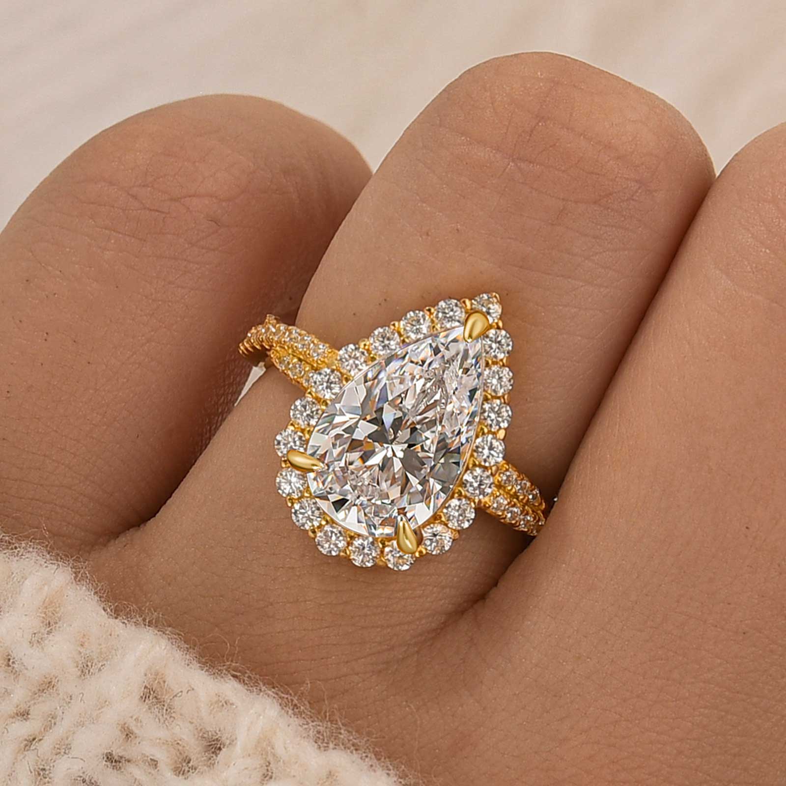 4.0Ct Pear Cut Twist Halo Engagement Ring In Sterling Silver