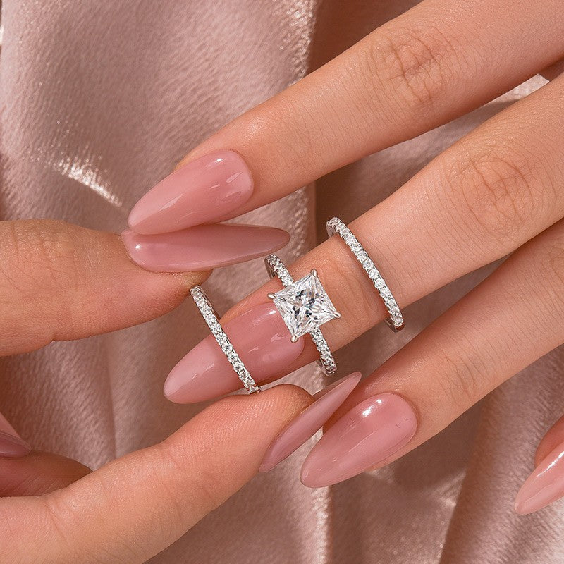 S925 3PC 2.0Ct Princess Cut Wedding Ring For Her With Two Classic Wedding Bands