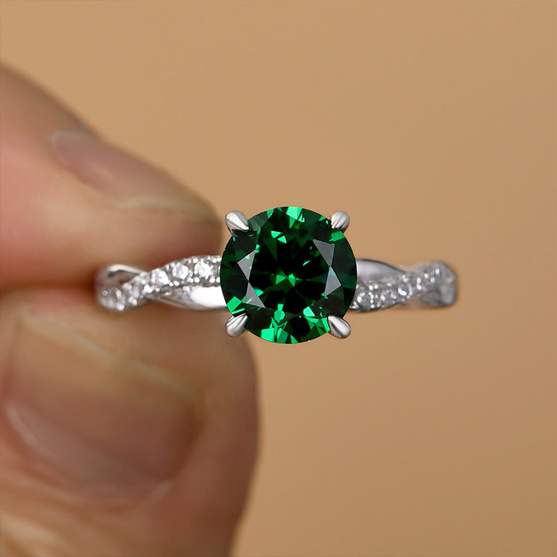 Louily Twist Round Cut Emerald Green Engagement Ring In Sterling Silver - louilyjewelry