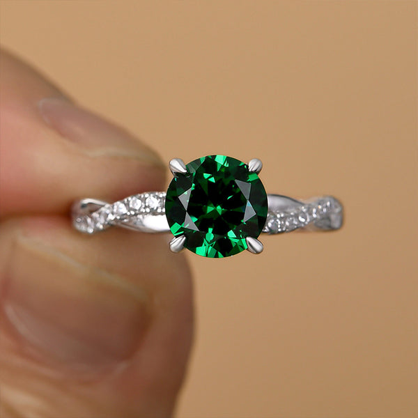 Louily Twist Round Cut Emerald Green Engagement Ring In Sterling Silver