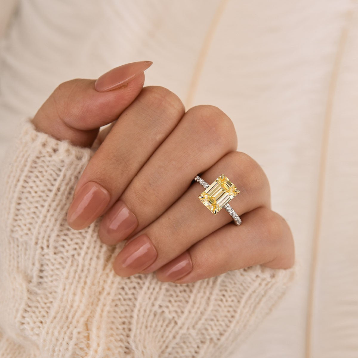 3.5Ct Emerald Cut Yellow Two-Tone Engagement Ring In Sterling Silver