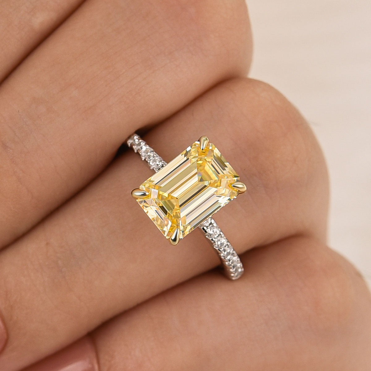 3.5Ct Emerald Cut Yellow Two-Tone Engagement Ring In Sterling Silver