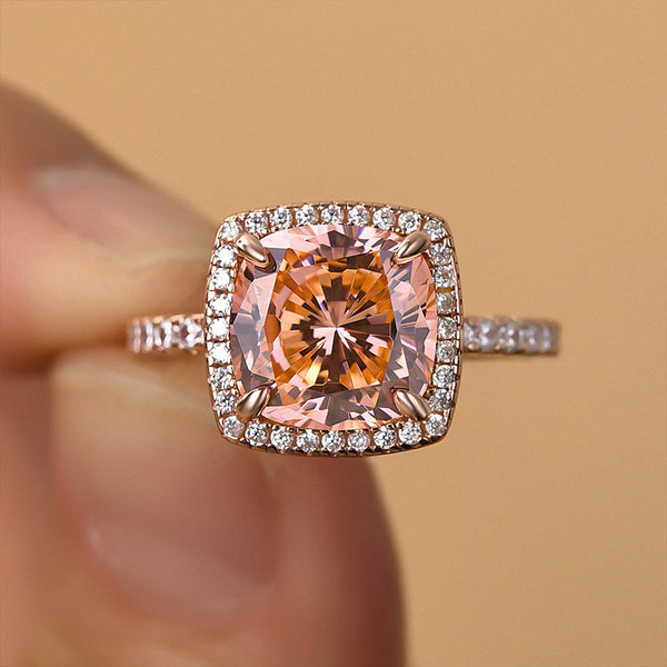 Louily Rose Gold Cushion Cut Synthetic Morganite Halo Engagement Ring
