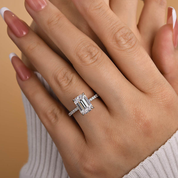 Louily Classic Emerald Cut Engagement Ring In Sterling Silver