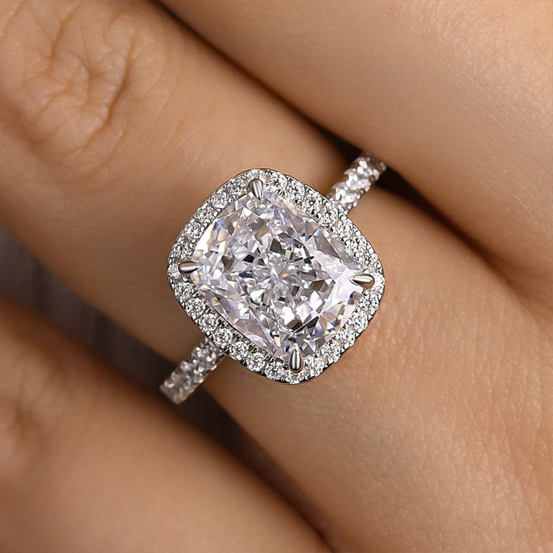 Louily Luxurious Halo Cushion Cut Simulated Diamond Engagement Ring In Sterling Silver - louilyjewelry