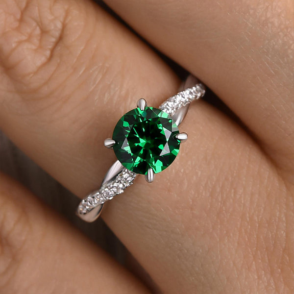 Louily Twist Round Cut Emerald Green Engagement Ring In Sterling Silver