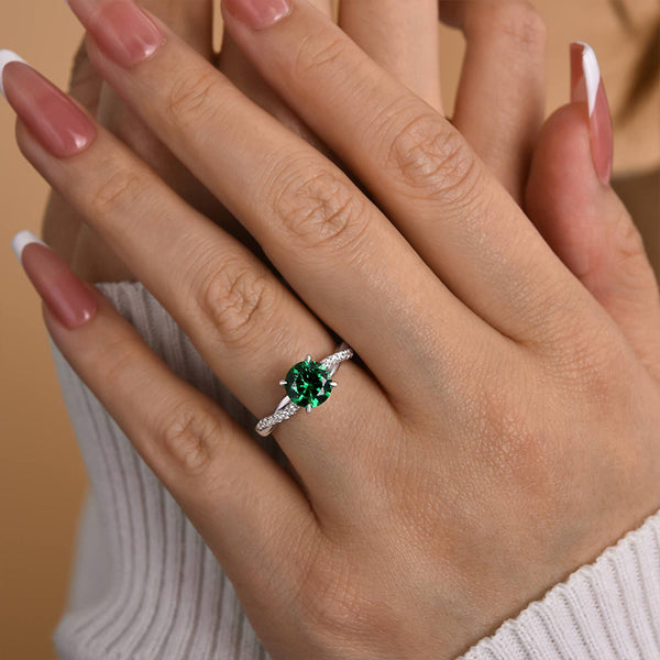 Louily Twist Round Cut Emerald Green Engagement Ring In Sterling Silver