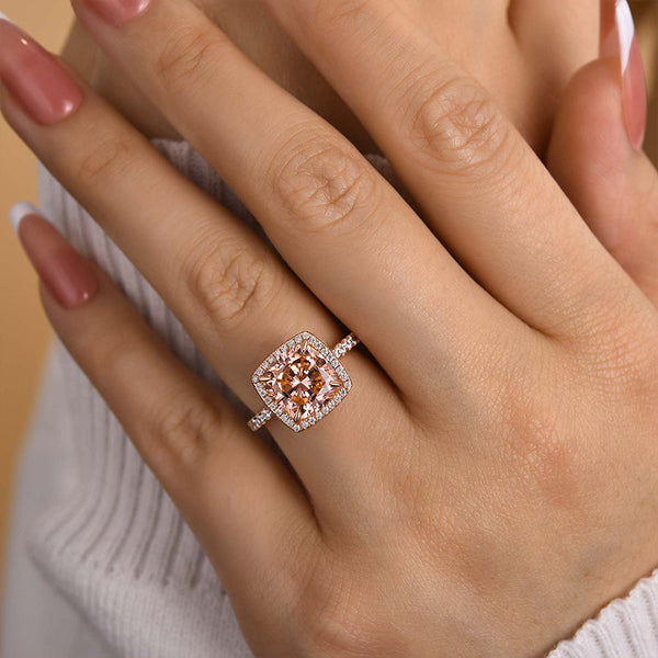 Louily Rose Gold Cushion Cut Synthetic Morganite Halo Engagement Ring