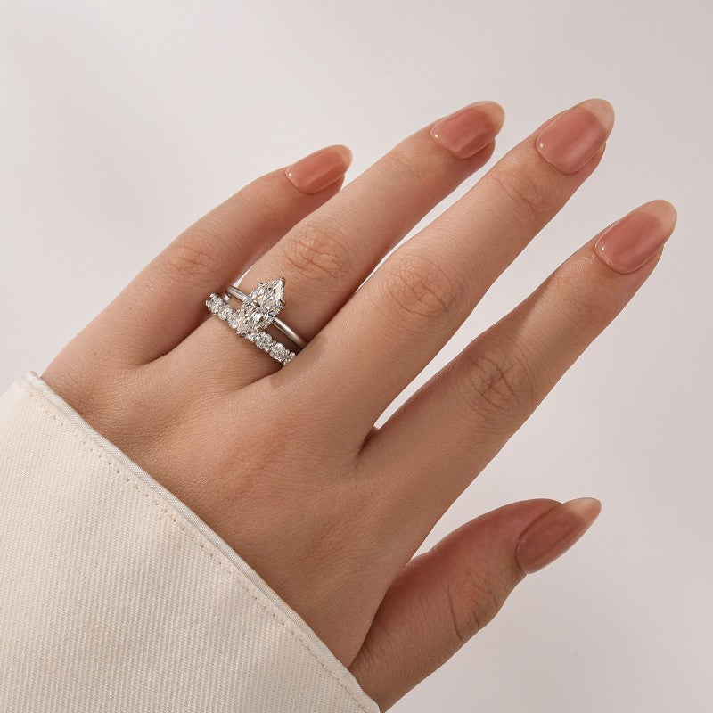 Moissanite 2.0Ct Marquise Cut Solitaire White Gold Engagement Ring with Pavé Eternity Ring