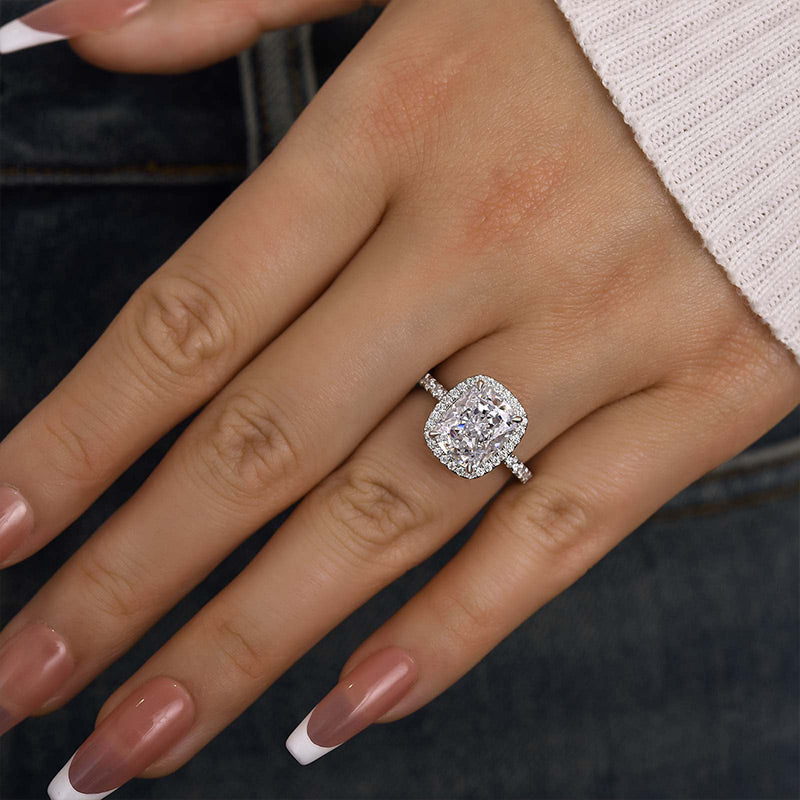 Louily Luxurious Halo Cushion Cut Simulated Diamond Engagement Ring In Sterling Silver - louilyjewelry