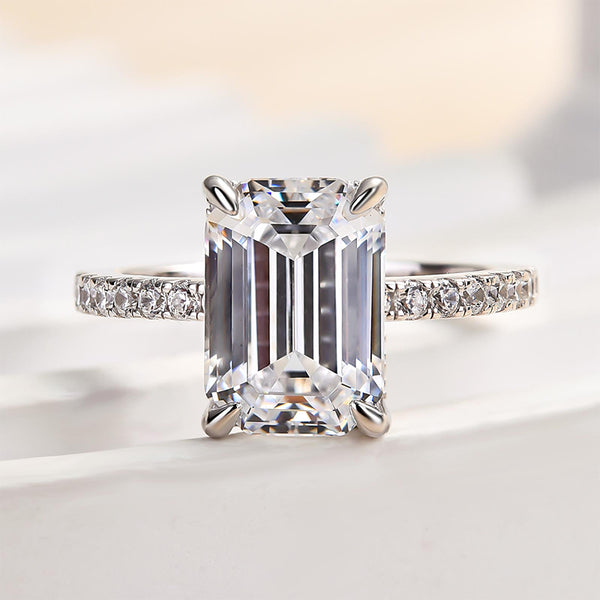 Louily Classic Emerald Cut Engagement Ring In Sterling Silver