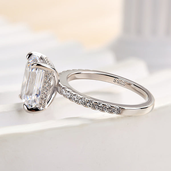 Louily Classic Emerald Cut Engagement Ring In Sterling Silver