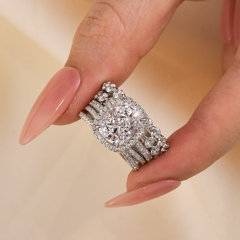 Louily 4PC Luxurious Halo Cushion Cut Women's Wedding Set - louilyjewelry