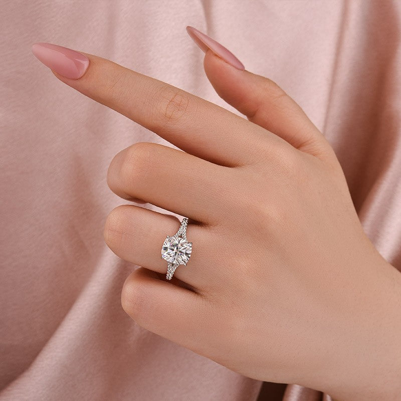 Moissanite 3.5Ct Cushion Cut Split Shank White Gold Engagement Ring - louilyjewelry
