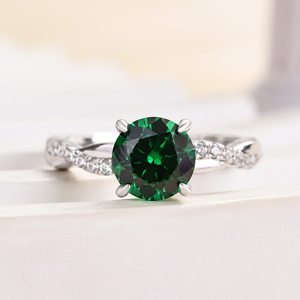 Louily Twist Round Cut Emerald Green Engagement Ring In Sterling Silver