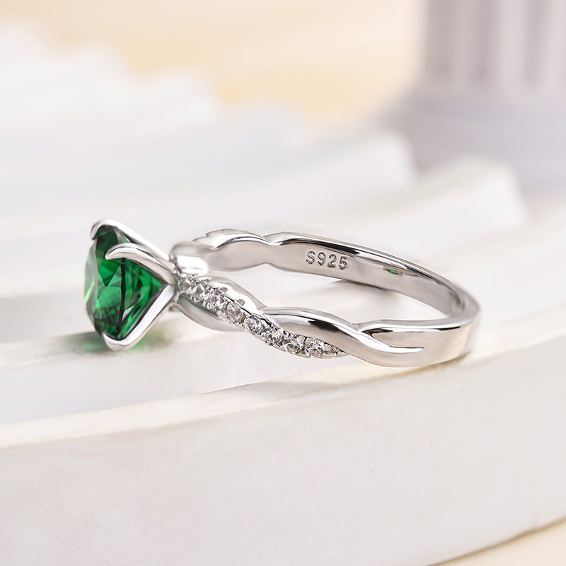 Louily Twist Round Cut Emerald Green Engagement Ring In Sterling Silver - louilyjewelry